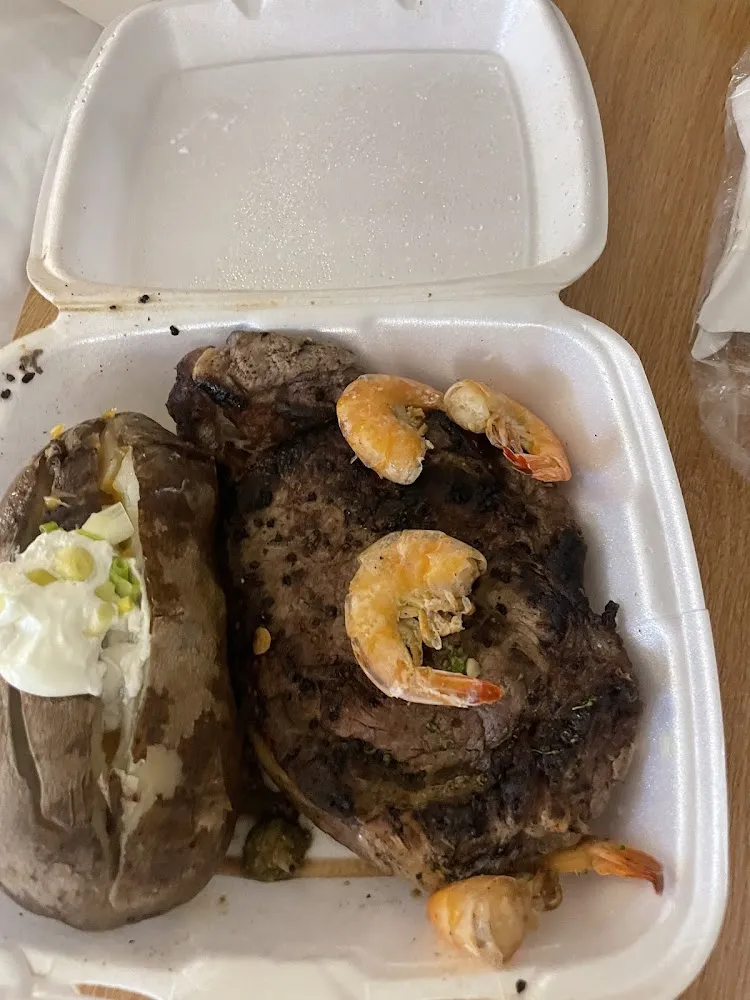 Shrimp and Steak and Loa Baked Potatoes